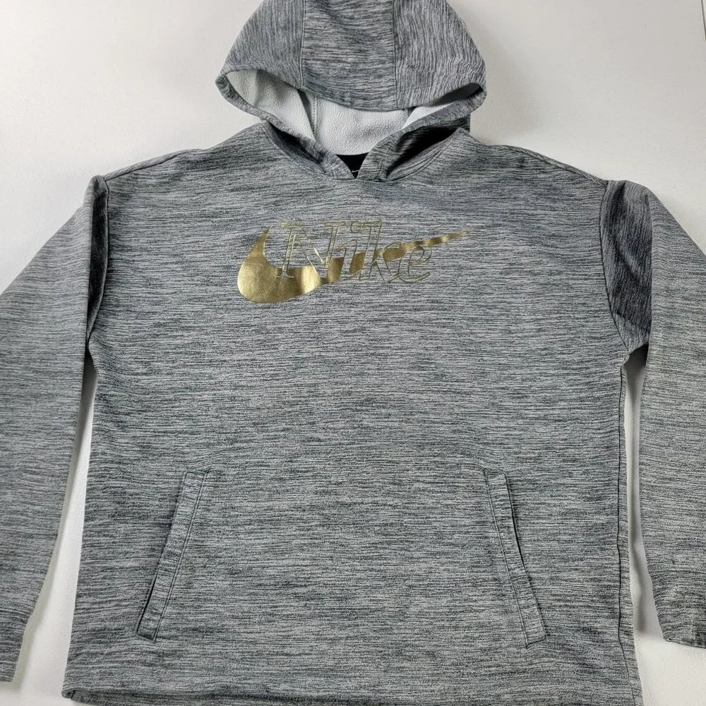 Nike Sweatshirt Hoodie Girls Sz L Gray Gold Logo Thumbholes Long Sleeve Pocket